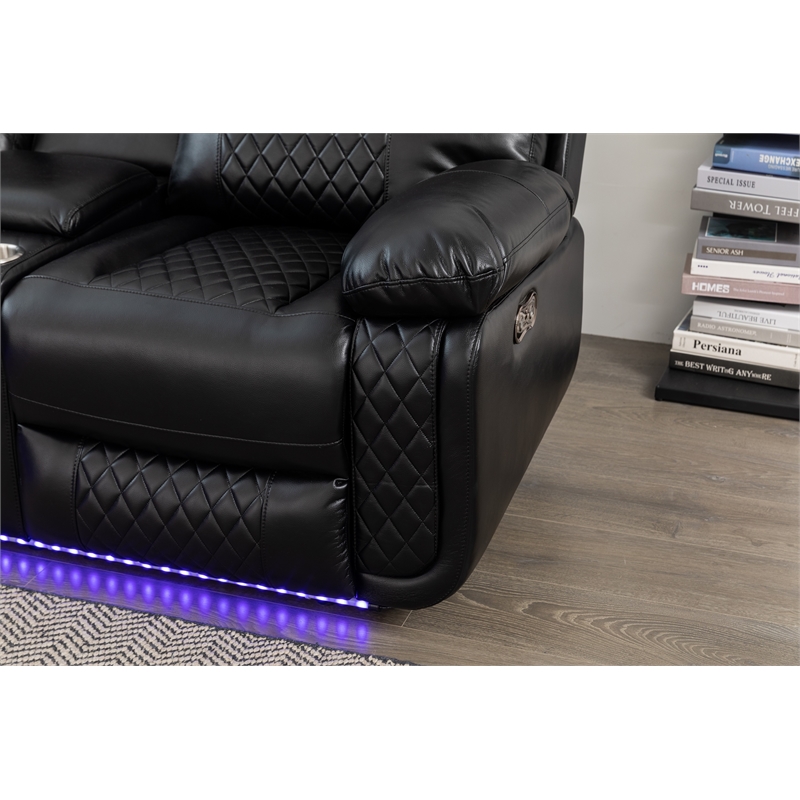 Hathrone Faux Leather Power Reclining Sectional LED USB and SubWoofer In Black