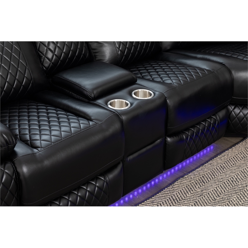 Hathrone Faux Leather Power Reclining Sectional LED USB and SubWoofer In Black