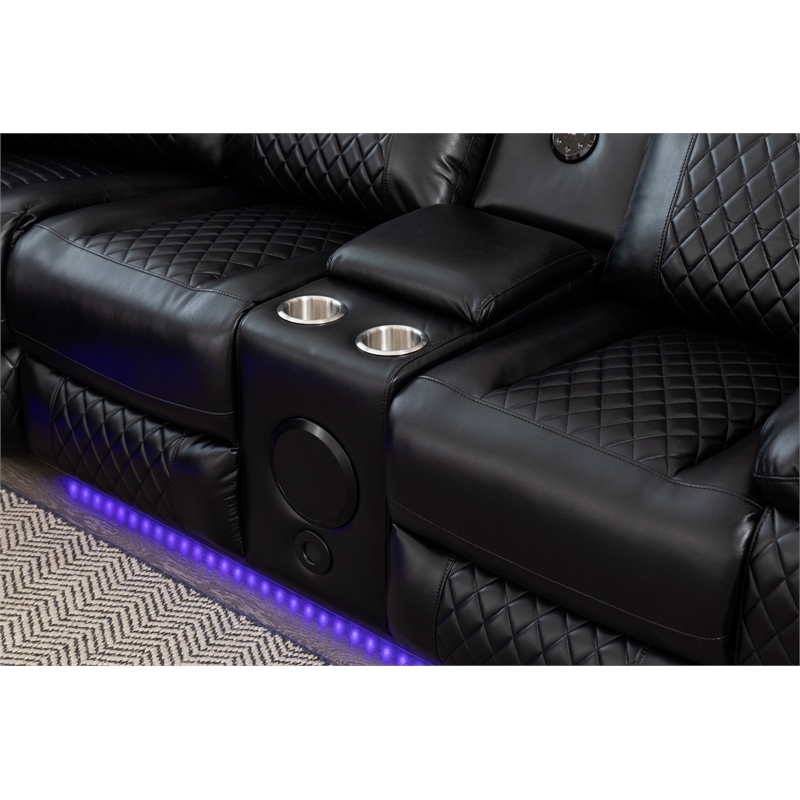 Hathrone Faux Leather Power Reclining Sectional LED USB and SubWoofer In Black