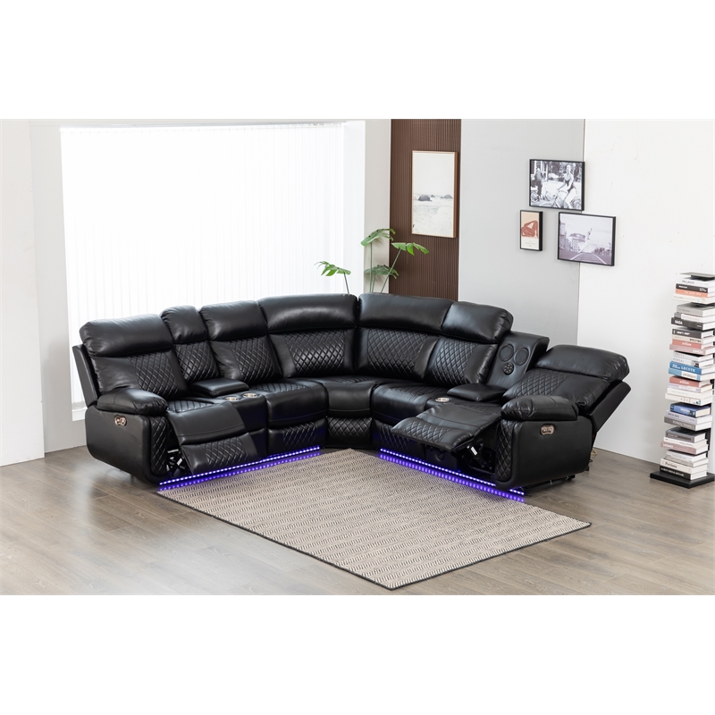 Hathrone Faux Leather Power Reclining Sectional LED USB and SubWoofer In Black