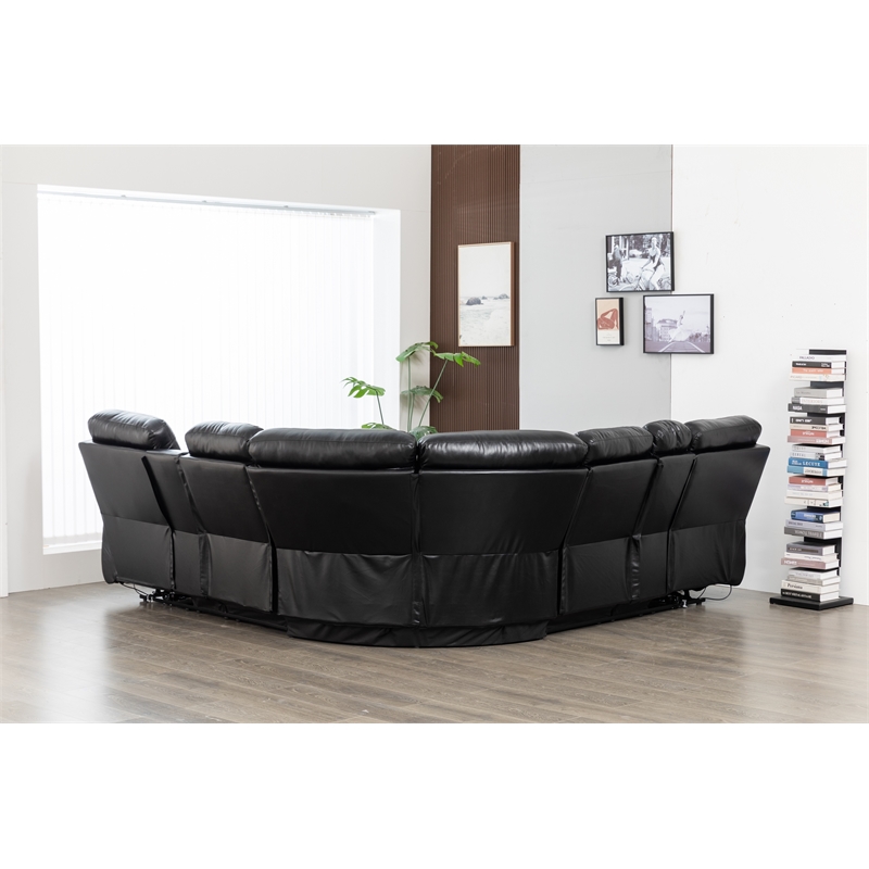 Hathrone Faux Leather Power Reclining Sectional LED USB and SubWoofer In Black