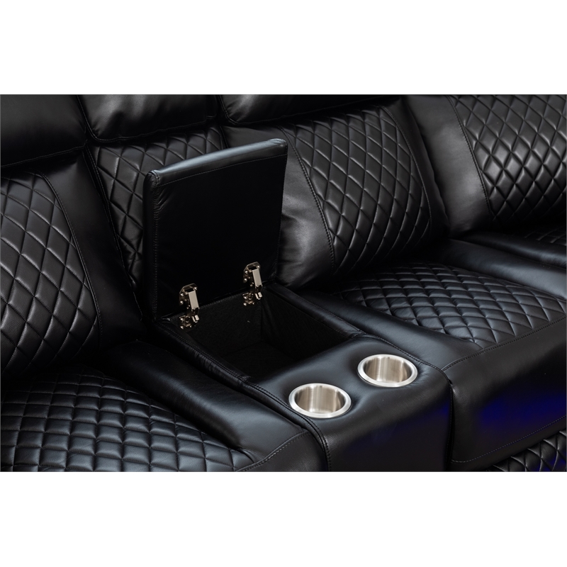 Hathrone Faux Leather Power Reclining Sectional LED USB and SubWoofer In Black