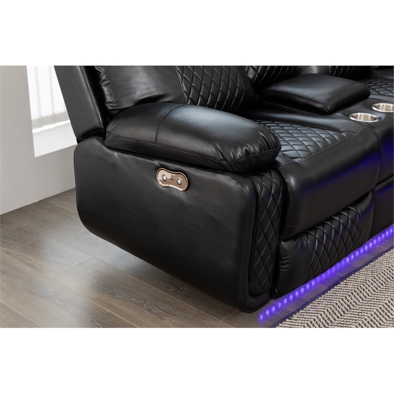 Hathrone Faux Leather Power Reclining Sectional LED USB and SubWoofer In Black