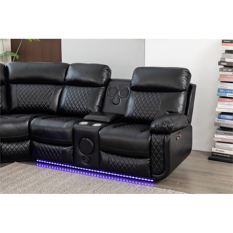 Hathrone Faux Leather Power Reclining Sectional LED USB and SubWoofer In Black