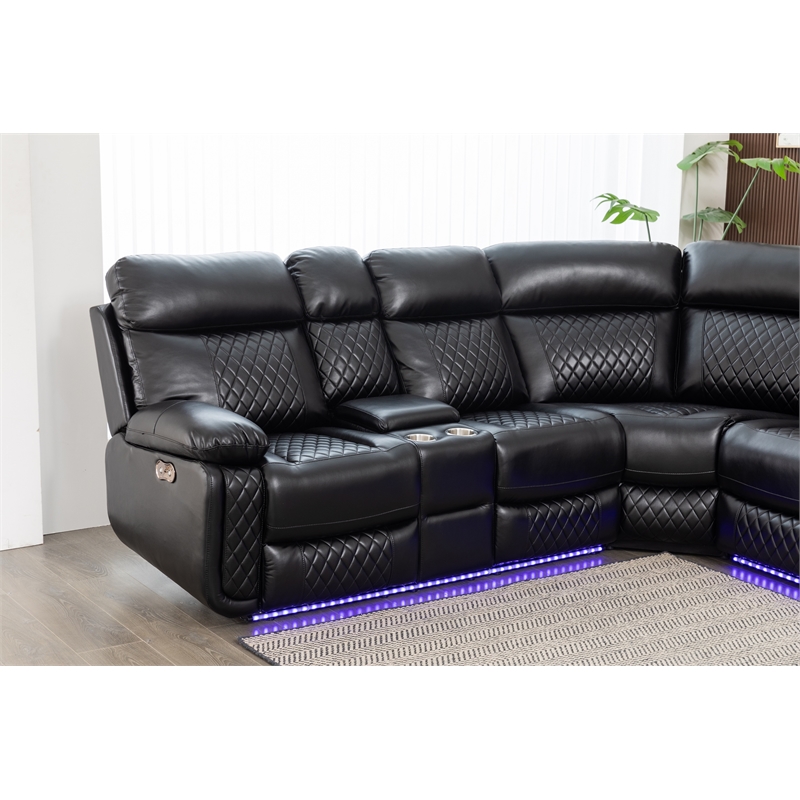 Hathrone Faux Leather Power Reclining Sectional LED USB and SubWoofer In Black