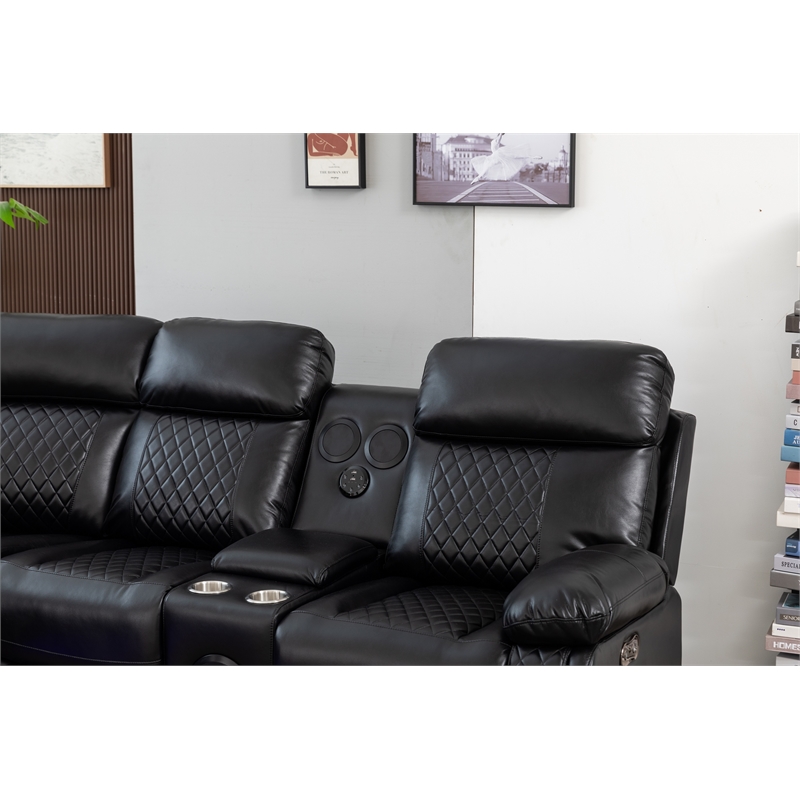 Hathrone Faux Leather Power Reclining Sectional LED USB and SubWoofer In Black