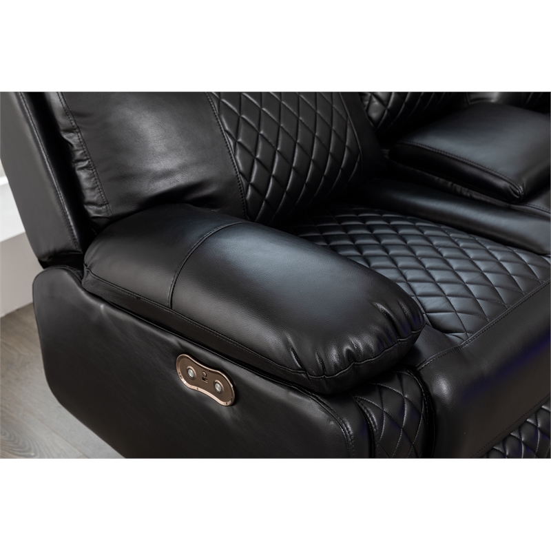 Hathrone Faux Leather Power Reclining Sectional LED USB and SubWoofer In Black