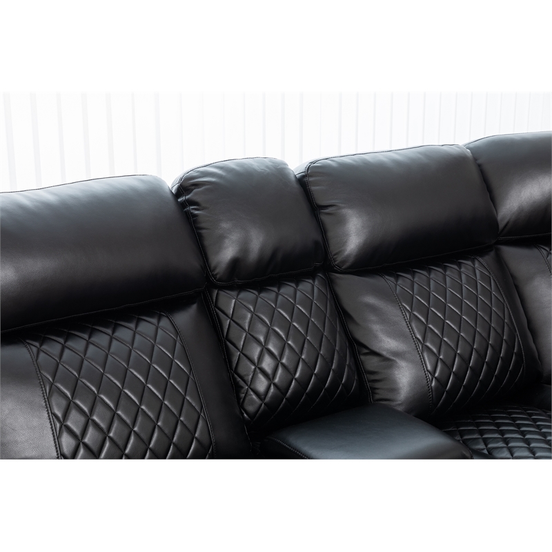 Hathrone Faux Leather Power Reclining Sectional LED USB and SubWoofer In Black