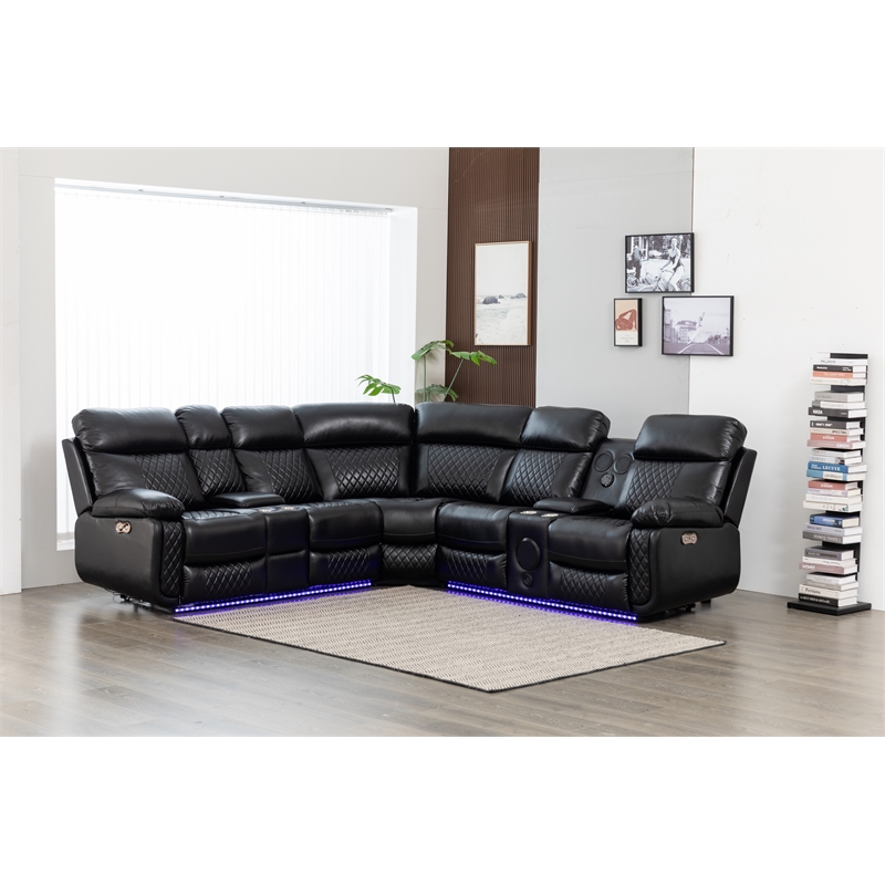 Hathrone Faux Leather Power Reclining Sectional LED USB and SubWoofer In Black