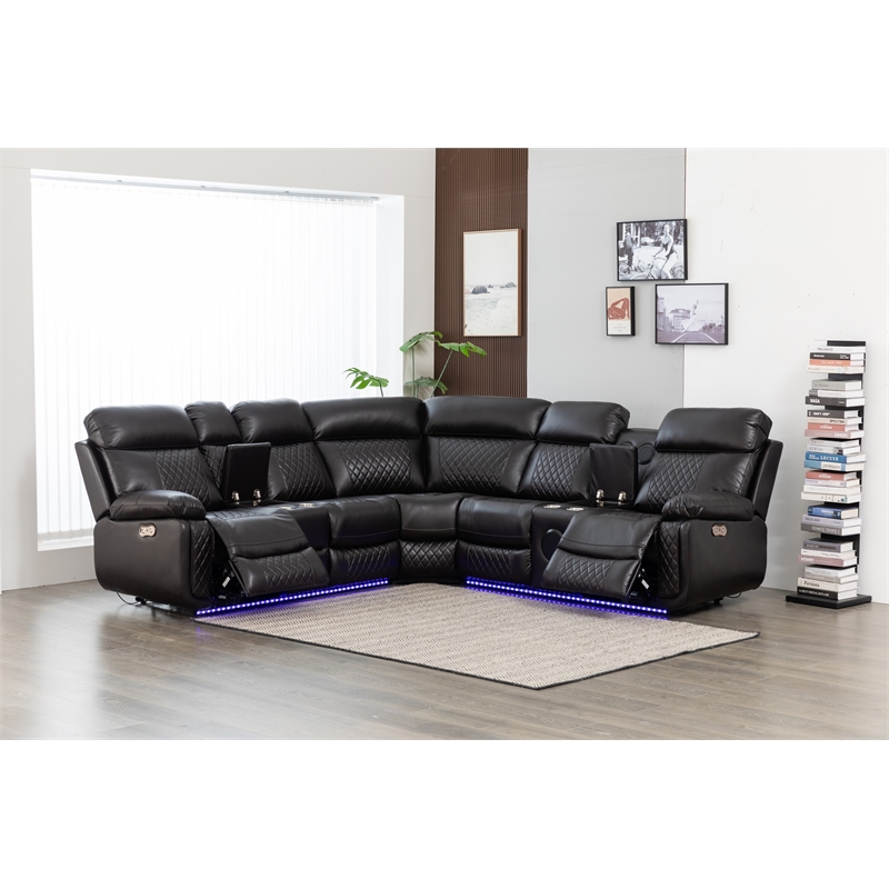 Hathrone Faux Leather Power Reclining Sectional LED USB and SubWoofer In Brown