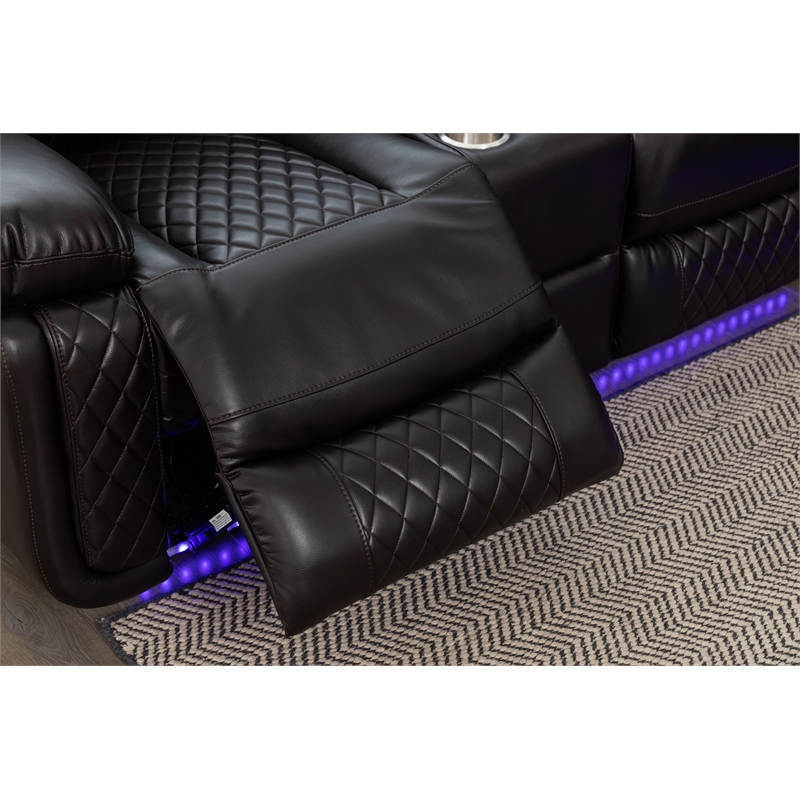 Hathrone Faux Leather Power Reclining Sectional LED USB and SubWoofer In Brown