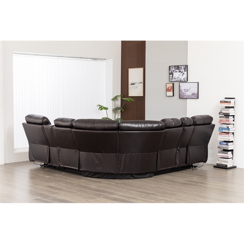 Hathrone Faux Leather Power Reclining Sectional LED USB and SubWoofer In Brown