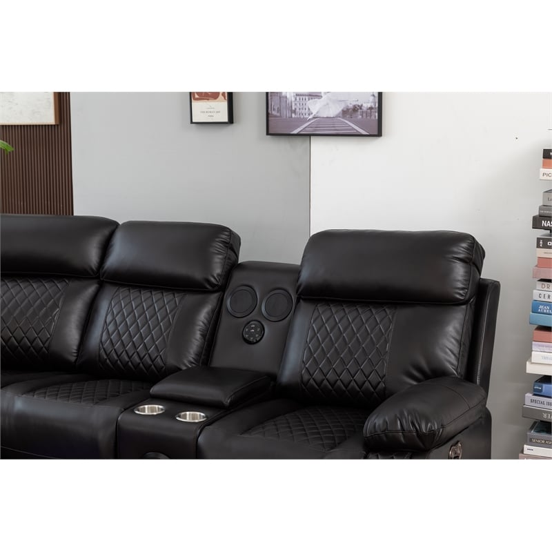 Hathrone Faux Leather Power Reclining Sectional LED USB and SubWoofer In Brown
