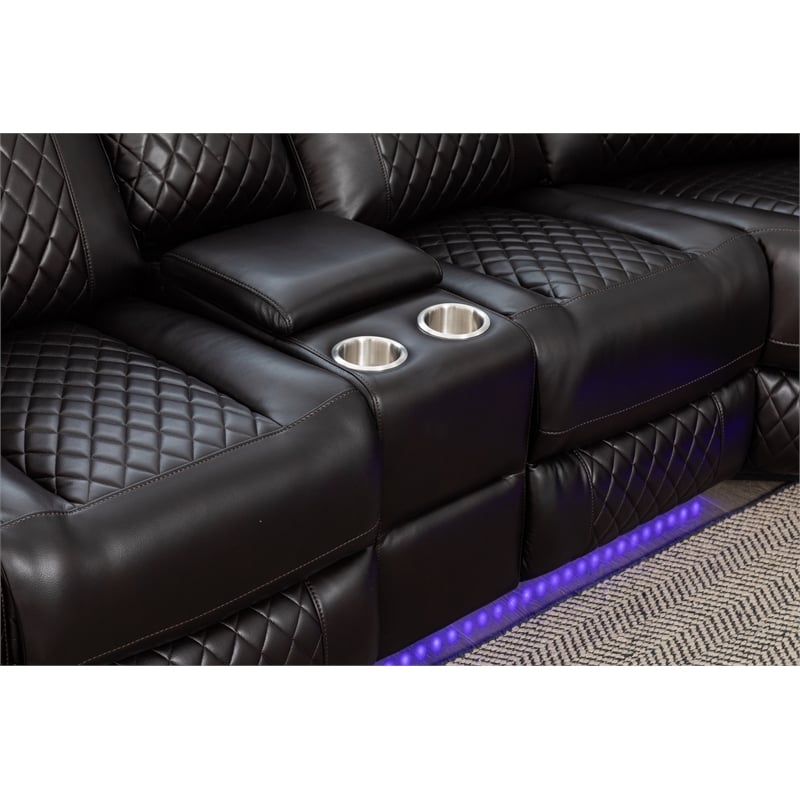 Hathrone Faux Leather Power Reclining Sectional LED USB and SubWoofer In Brown