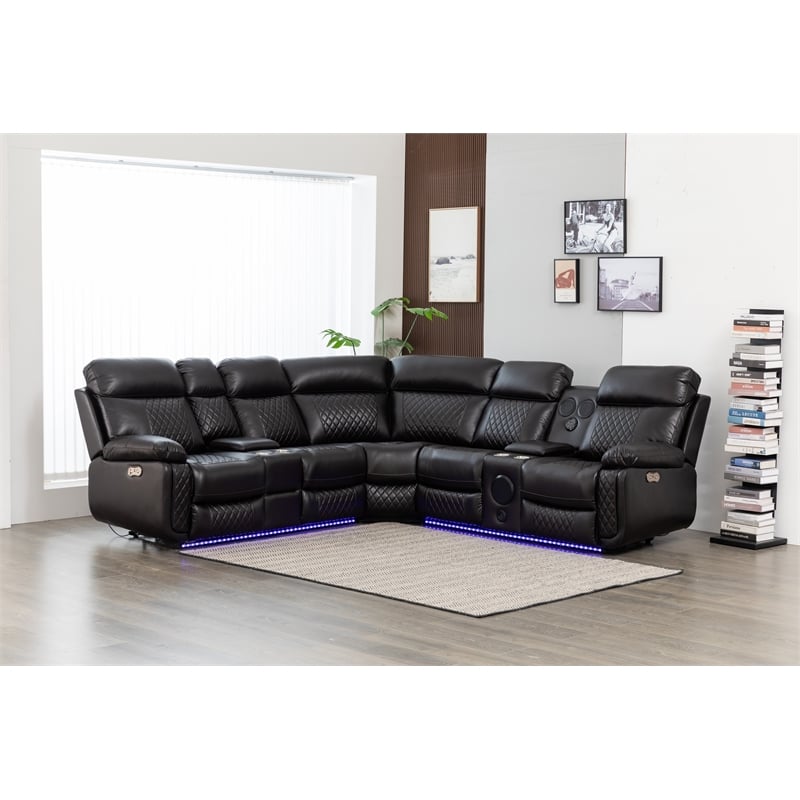 Hathrone Faux Leather Power Reclining Sectional LED USB and SubWoofer In Brown