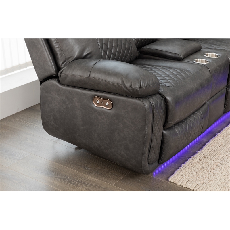 Hathrone Faux Leather Power Reclining Sectional LED USB and SubWoofer In Gray