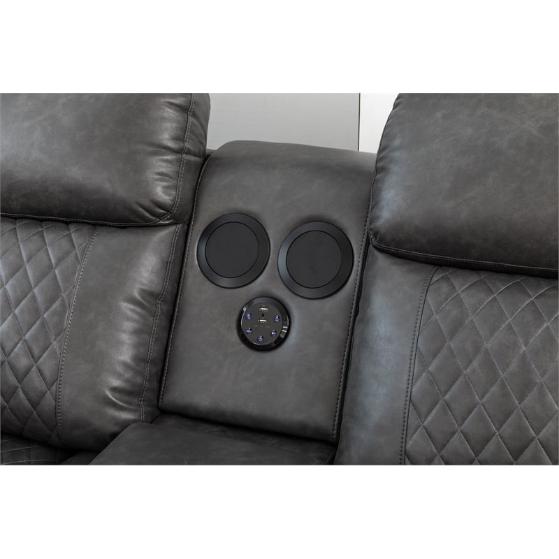 Hathrone Faux Leather Power Reclining Sectional LED USB and SubWoofer In Gray