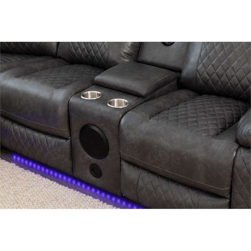 Hathrone Faux Leather Power Reclining Sectional LED USB and SubWoofer In Gray