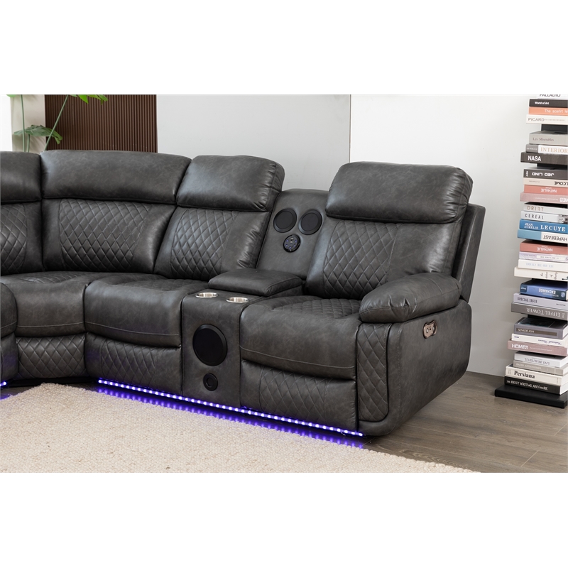 Hathrone Faux Leather Power Reclining Sectional LED USB and SubWoofer In Gray