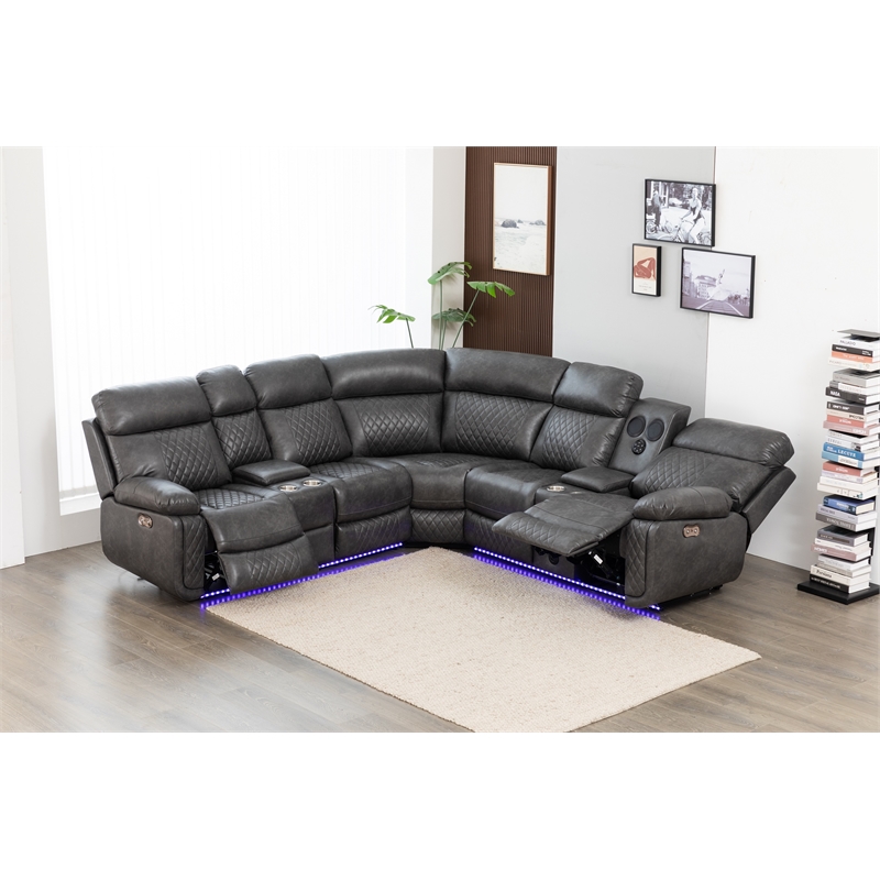 Hathrone Faux Leather Power Reclining Sectional LED USB and SubWoofer In Gray