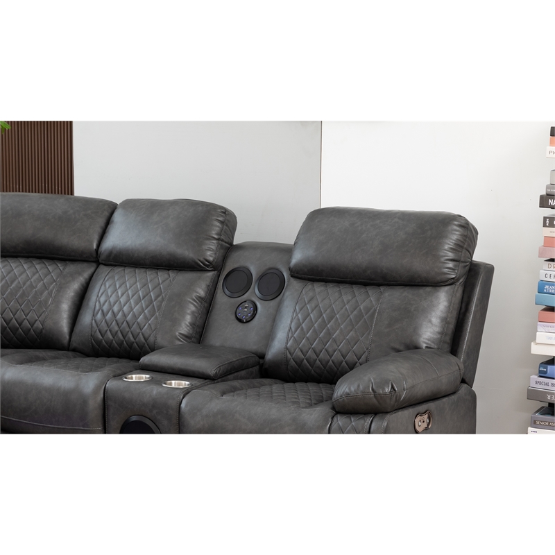 Hathrone Faux Leather Power Reclining Sectional LED USB and SubWoofer In Gray