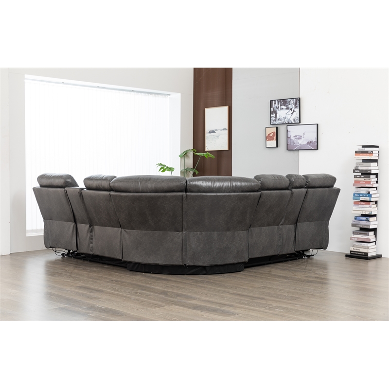 Hathrone Faux Leather Power Reclining Sectional LED USB and SubWoofer In Gray