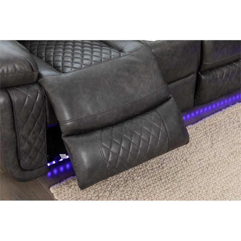 Hathrone Faux Leather Power Reclining Sectional LED USB and SubWoofer In Gray