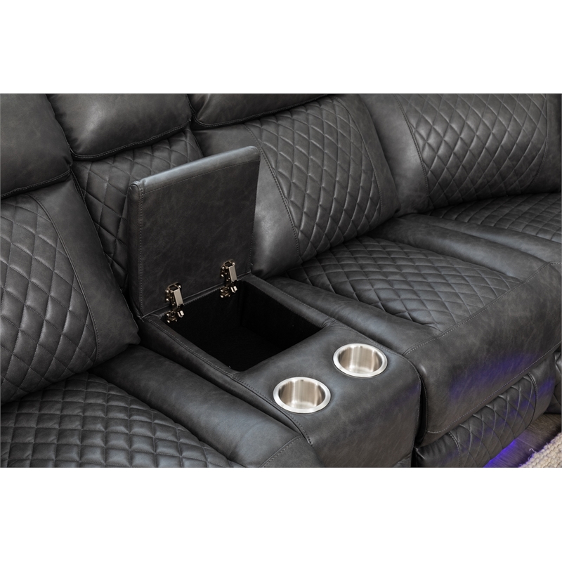 Hathrone Faux Leather Power Reclining Sectional LED USB and SubWoofer In Gray