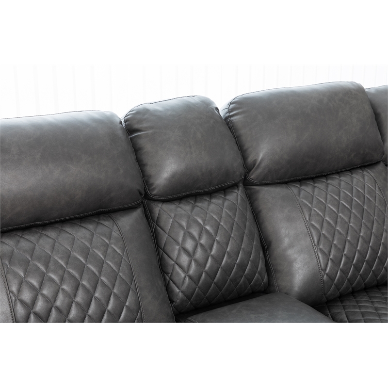 Hathrone Faux Leather Power Reclining Sectional LED USB and SubWoofer In Gray