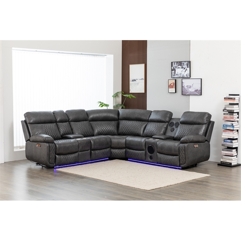 Hathrone Faux Leather Power Reclining Sectional LED USB and SubWoofer In Gray