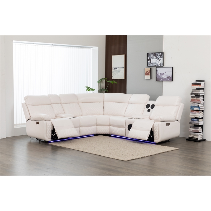 Hathrone Faux Leather Power Reclining Sectional LED USB and SubWoofer In White