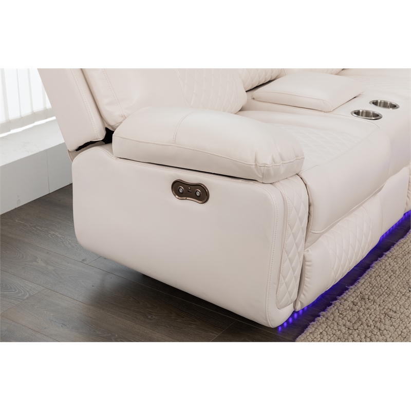Hathrone Faux Leather Power Reclining Sectional LED USB and SubWoofer In White