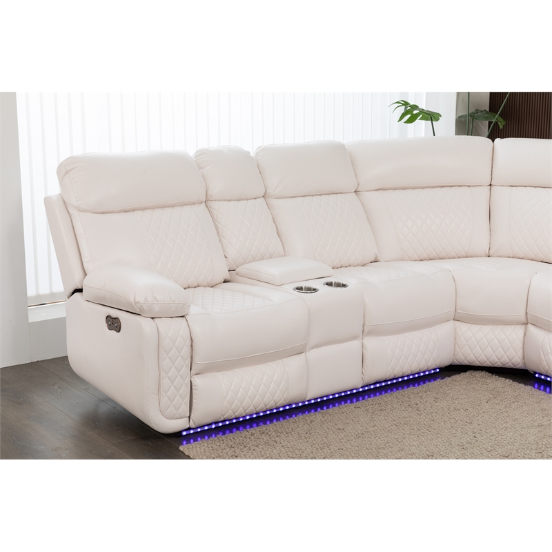 Hathrone Faux Leather Power Reclining Sectional LED USB and SubWoofer In White