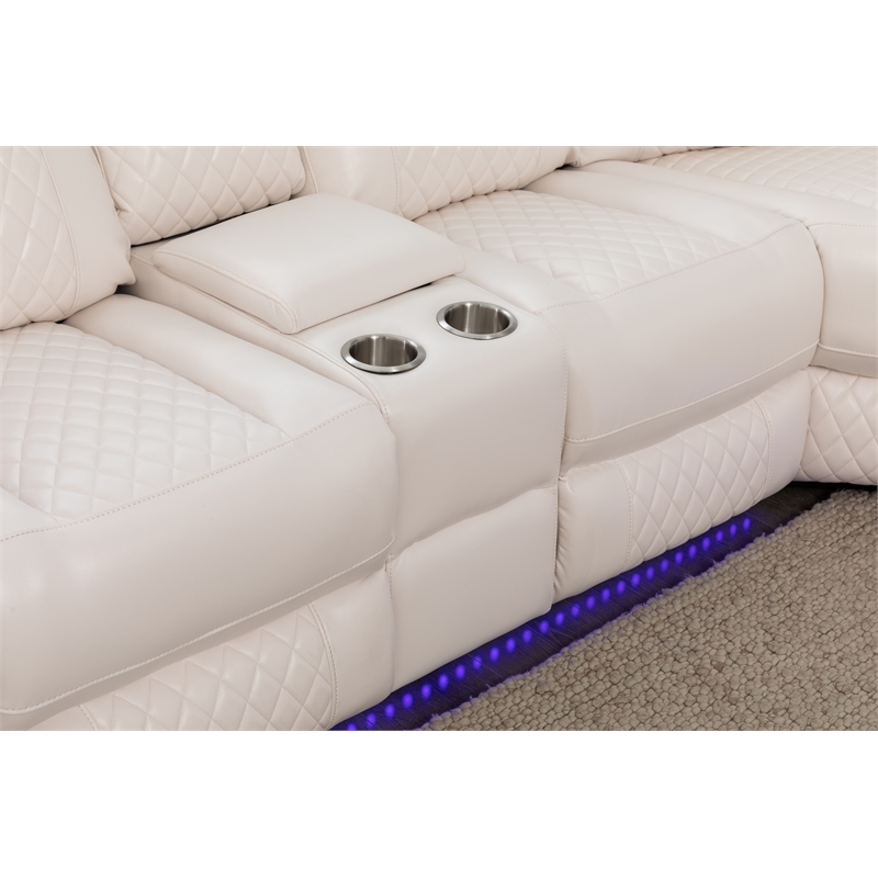 Hathrone Faux Leather Power Reclining Sectional LED USB and SubWoofer In White