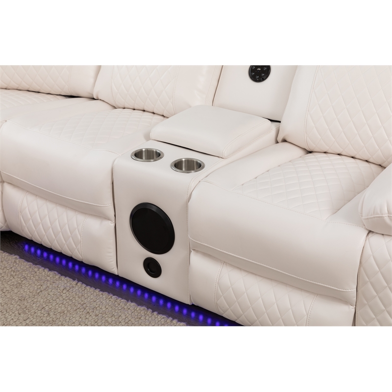 Hathrone Faux Leather Power Reclining Sectional LED USB and SubWoofer In White