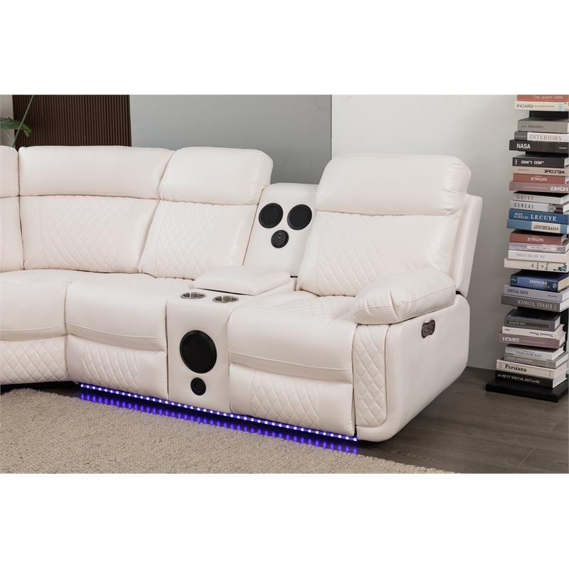 Hathrone Faux Leather Power Reclining Sectional LED USB and SubWoofer In White