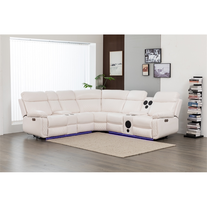 Hathrone Faux Leather Power Reclining Sectional LED USB and SubWoofer In White