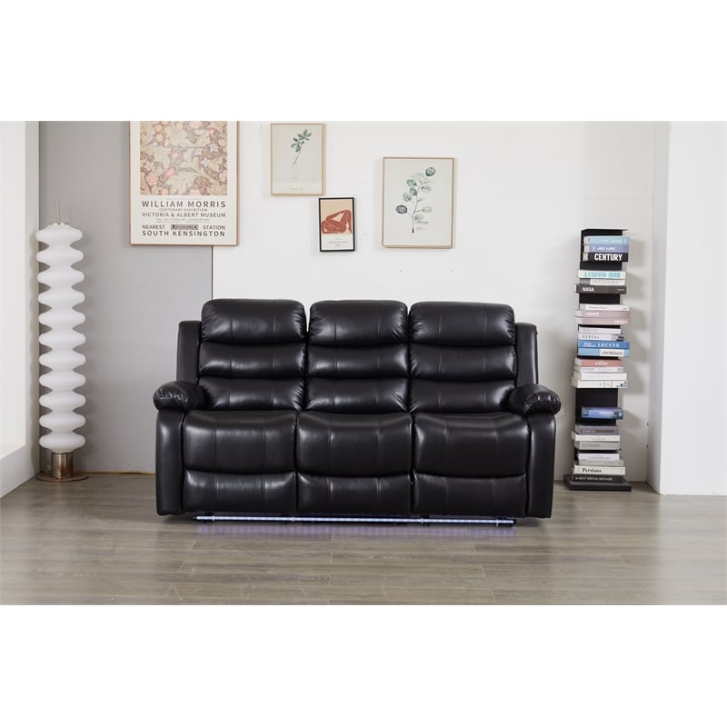 Faux Leather Manual Reclining Sofa with LED Lights With Drop Down Table