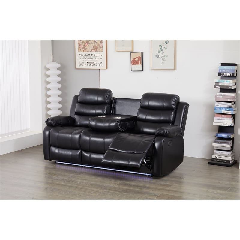 Faux Leather Manual Reclining Sofa with LED Lights With Drop Down Table