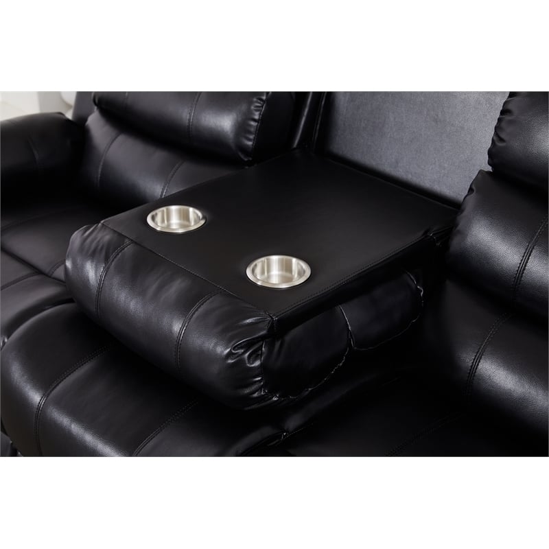 Faux Leather Manual Reclining Sofa with LED Lights With Drop Down Table