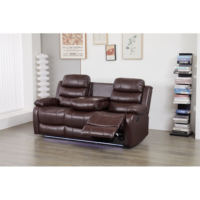 Faux Leather Manual Reclining Sofa with LED Lights With Drop Down Table