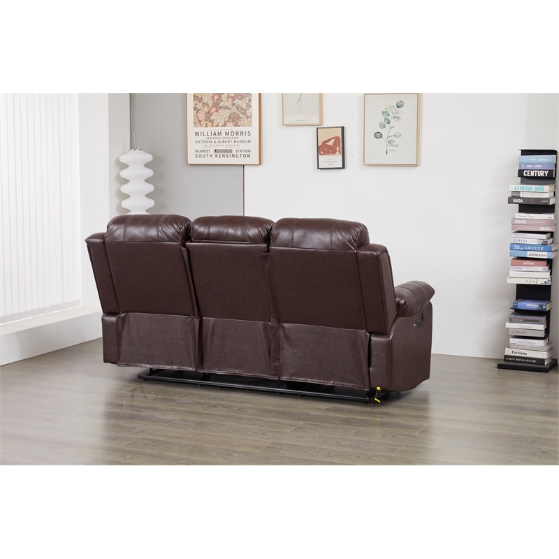 Faux Leather Manual Reclining Sofa with LED Lights With Drop Down Table