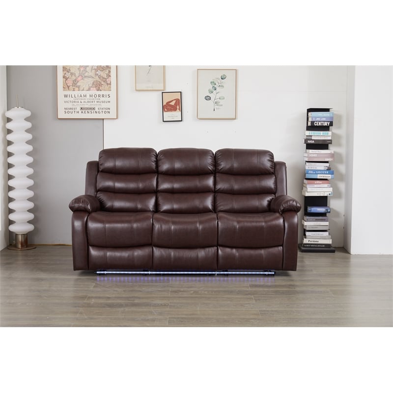 Faux Leather Manual Reclining Sofa with LED Lights With Drop Down Table