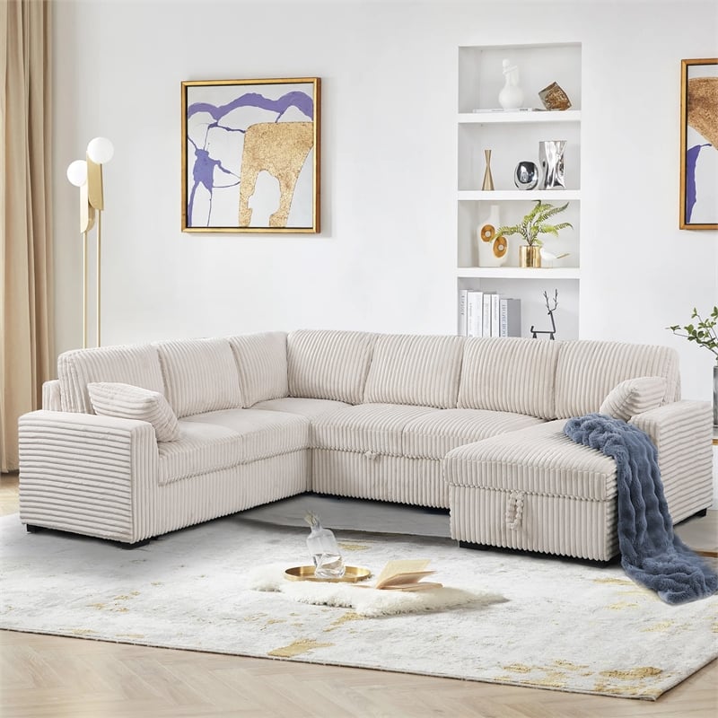 Oversized Upholstered Corduroy Sleeper Sectional Sofa With Storage Chaise