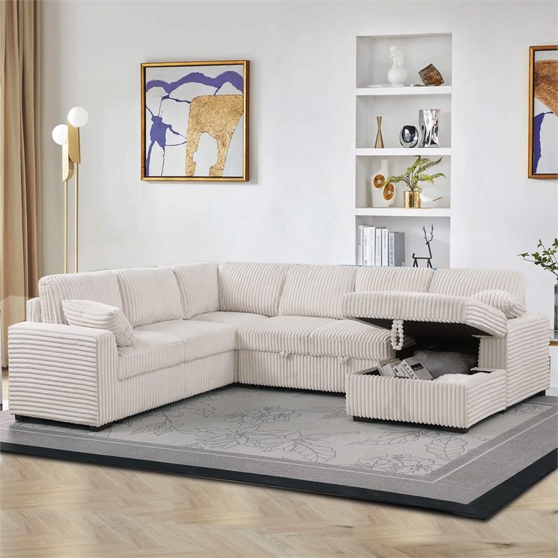 Oversized Upholstered Corduroy Sleeper Sectional Sofa With Storage Chaise
