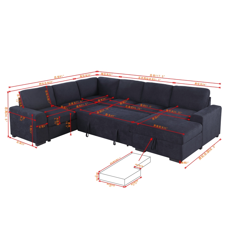Oversized Upholstered Corduroy Sleeper Sectional Sofa With Storage Chaise