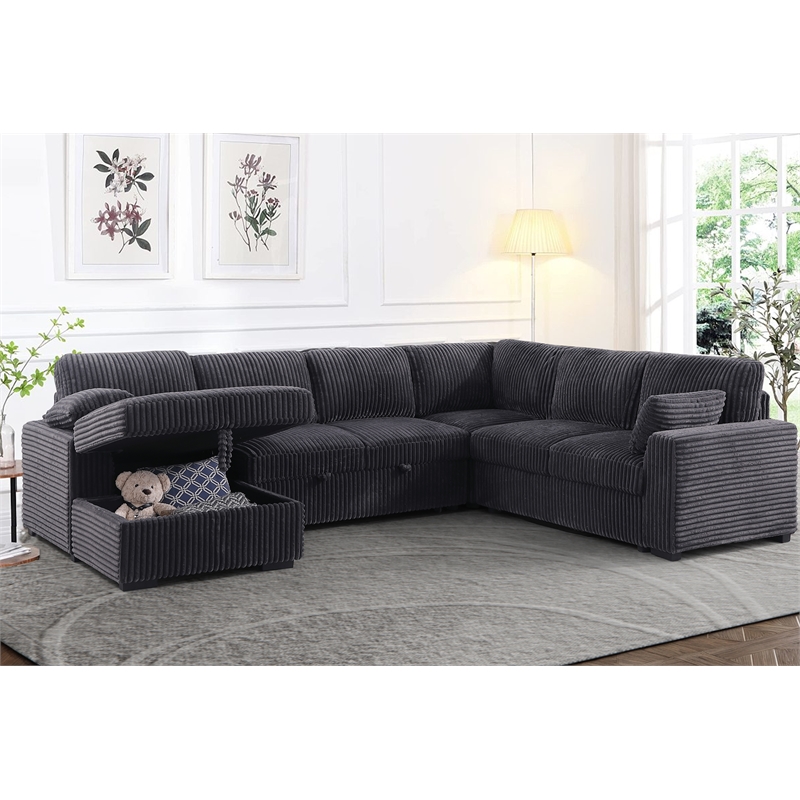 Oversized Upholstered Corduroy Sleeper Sectional Sofa With Storage Chaise