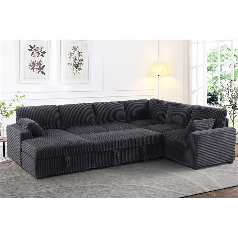 Oversized Upholstered Corduroy Sleeper Sectional Sofa With Storage Chaise