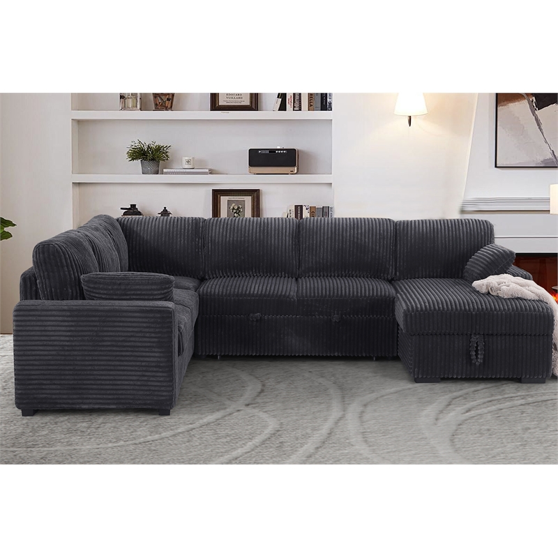 Oversized Upholstered Corduroy Sleeper Sectional Sofa With Storage Chaise