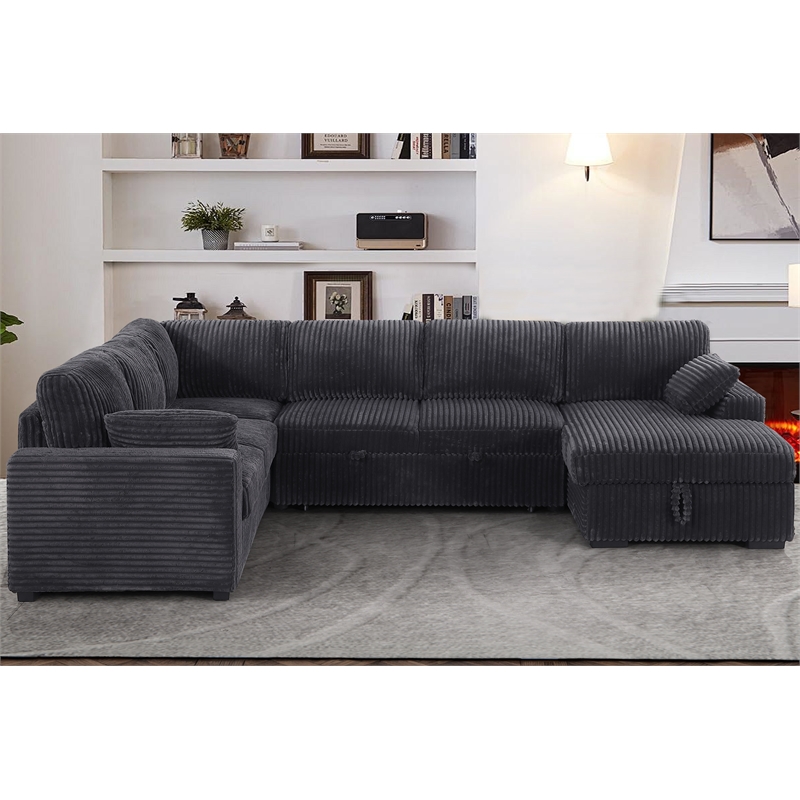 Oversized Upholstered Corduroy Sleeper Sectional Sofa With Storage Chaise